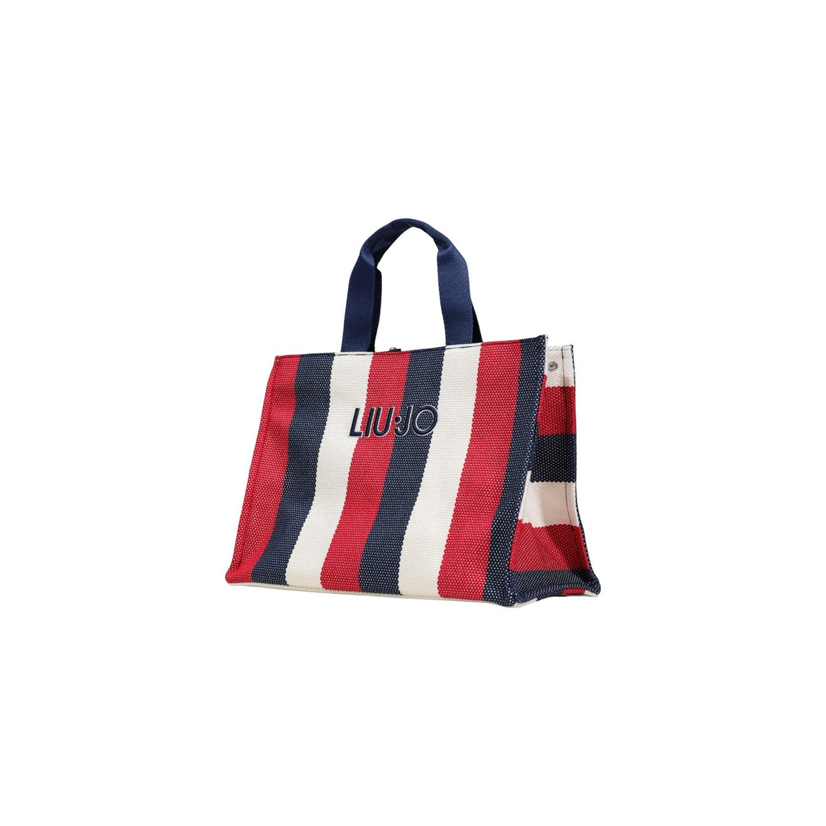 Liu Jo L Tote Striped Canvas; borsa grande in cotone a righe blu, bianco e rosso, logo distintivo e manici resistenti. Leggera, funzionale e glamour. Vista frontale Laterale