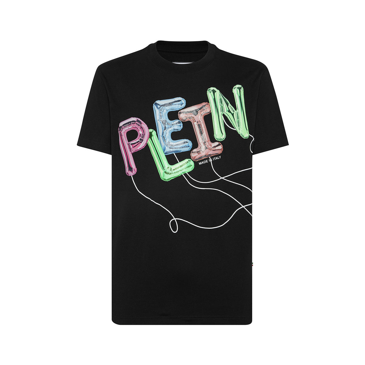 T-shirt Philipp Plein BO_1481; Nero, 100% Cotone. Grafica graffiti bombing, patch logo in pelle Saffiano, vestibilità regular. Eccellenza artigianale Made in Italy. Vista frontale stesa