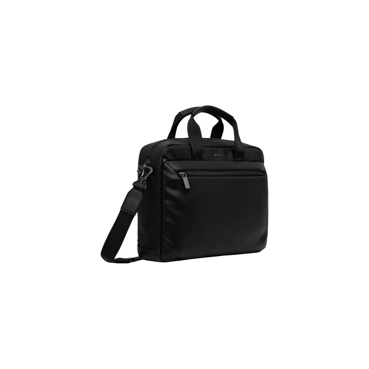 Borsa BOSS uomo nera porta PC e documenti modello Jace Doc Case 50567865. Ventiquattrore sottile per laptop in poliestere riciclato e poliuretano con tracolla e zip stile business, elegante e formale da lavoro.