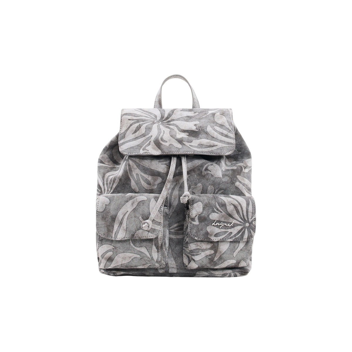 Zainetto Effetto Denim Floreale PE26; coulisse, manico arricciato rimovibile, scomparto zip, materiali sostenibili. Il tocco artistico per il tuo outfit. Vista frontale