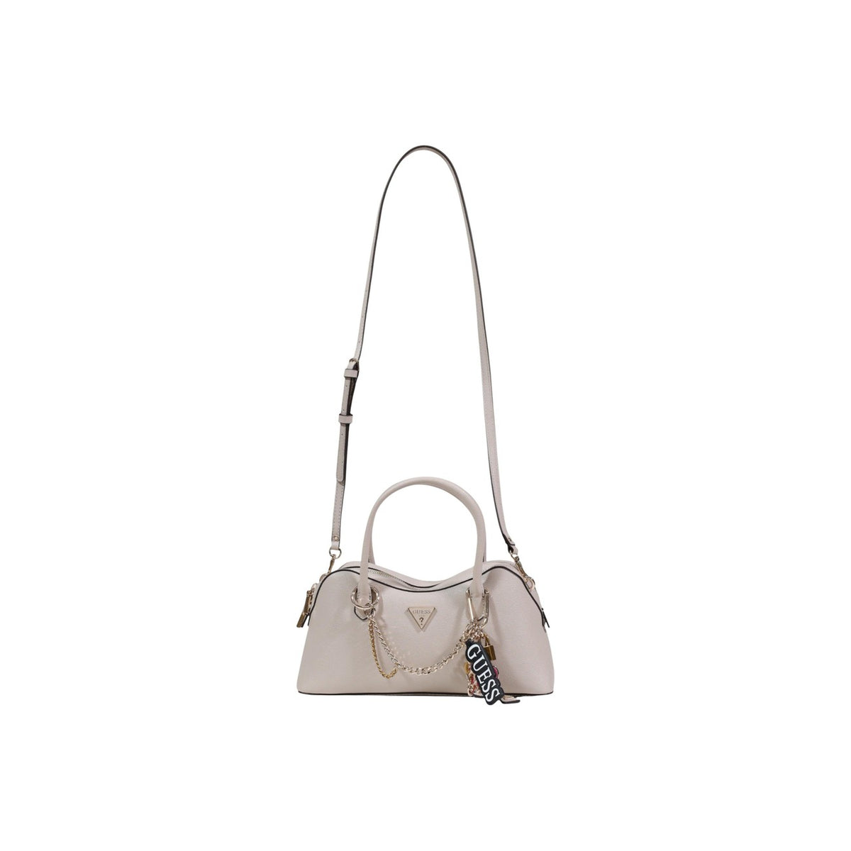 Borsa Guess Davina Satchel Beige; 100% Poliuretano. Dettagli dorati, charm logati, tracolla removibile. Borsa a mano donna elegante e strutturata. Vista frontale Con tracolla