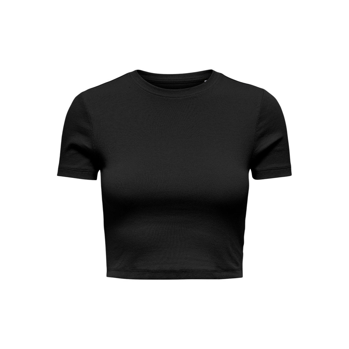 T-shirt nera aderente corta Only Onlbetty, modello girocollo in cotone bio e elastam, stile basic versatile per look a strati. Vista frontale Stesa