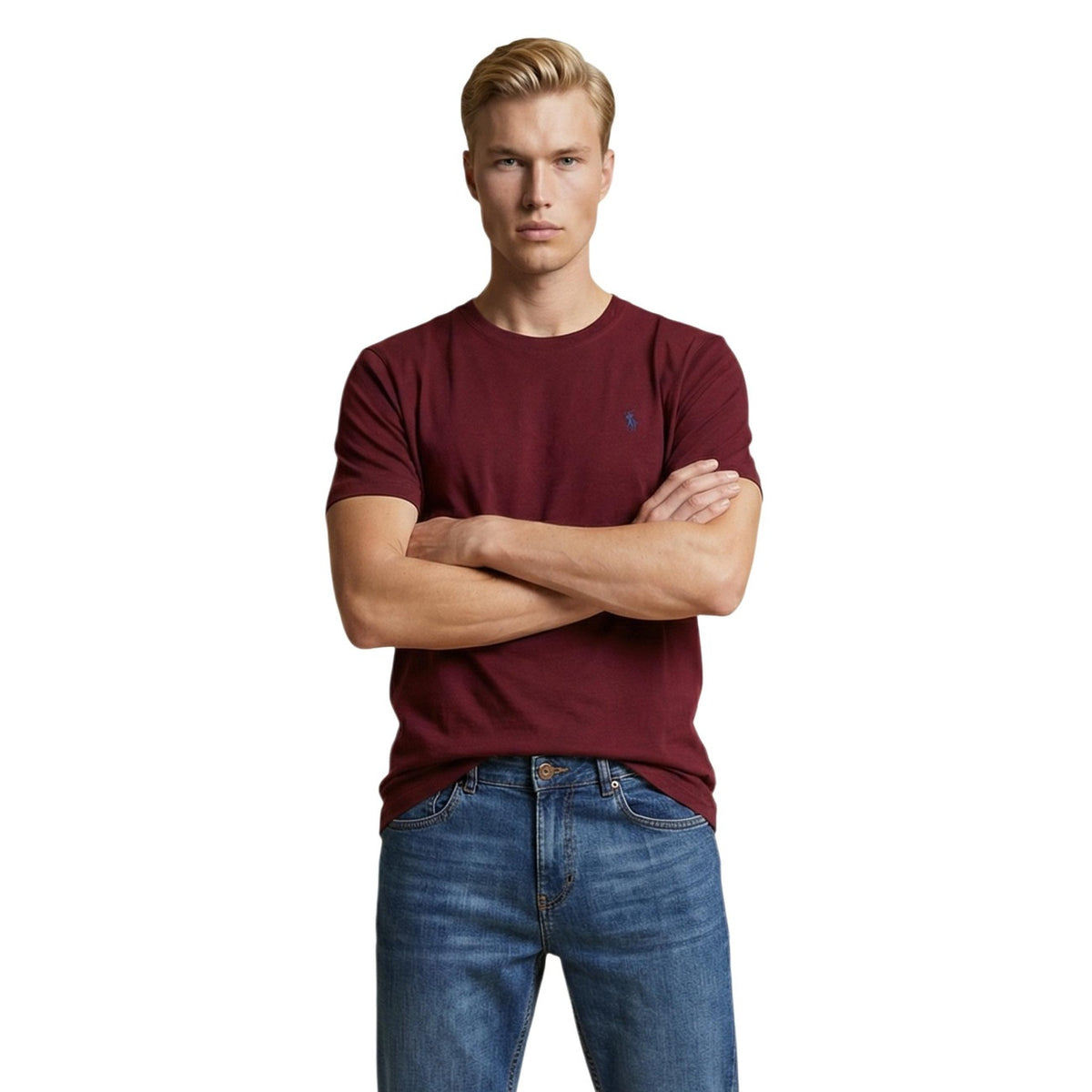 T-shirt U.S. Polo Assn. Mick-Basic; 100% cotone. Girocollo, maniche corte, logo ricamato. Maglia maschile naturale, traspirante e resistente. Colore bordeaux