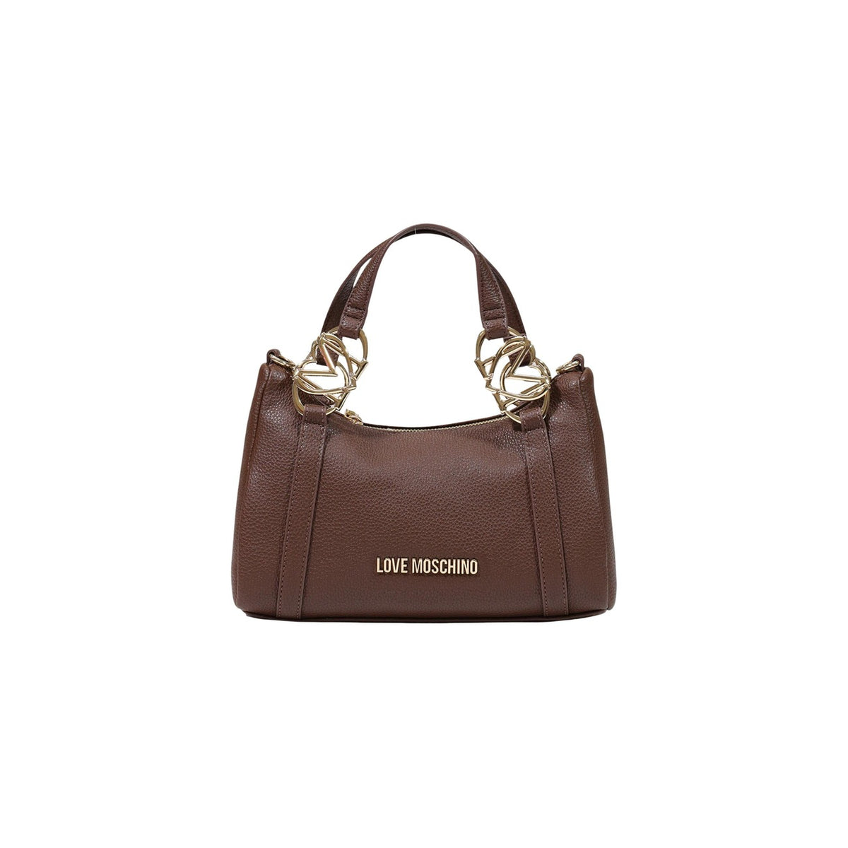 Borsa Love Moschino donna marrone a mano modello JC4015PP1. Borsetta piccola bauletto in ecopelle martellata marrone cuoio con dettagli oro a cuore sui manici e zip stile casual chic, romantico, elegante e da giorno.