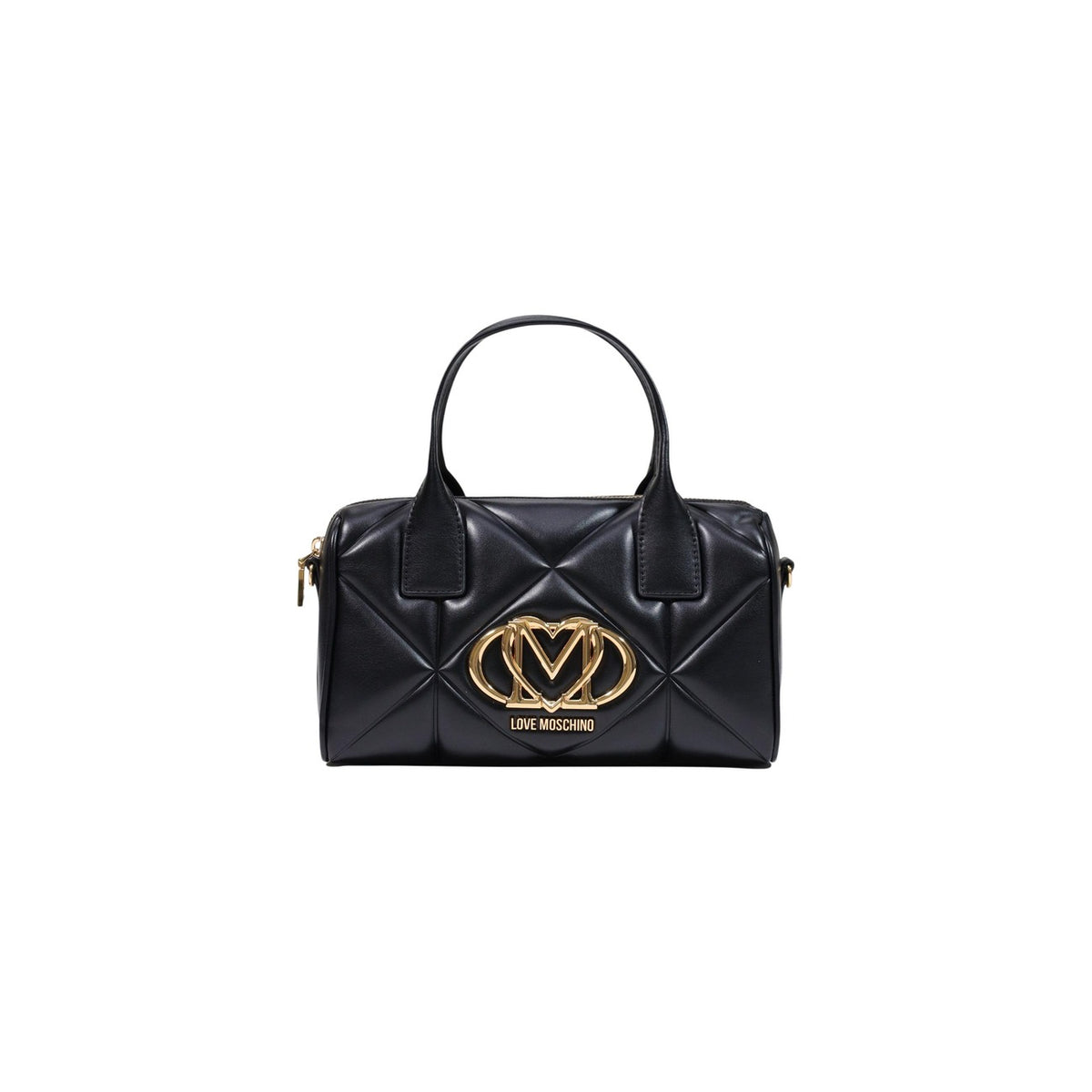 Borsa Love Moschino donna nera a mano modello JC4034PP1. Bauletto medio nero trapuntato in ecopelle con doppi manici corti, logo metallico dorato con cuore e zip, stile elegante, chic e da giorno o sera.