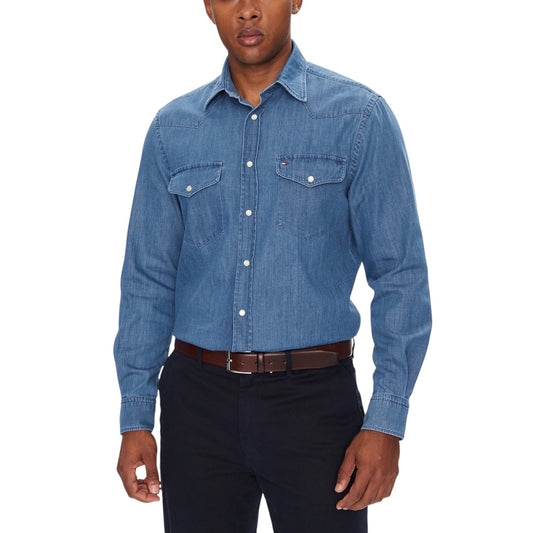 Tommy Hilfiger Camicia Jeans Uomo Azzurra Manica Lunga - Camicia Denim Bottoni Tasche Cotone