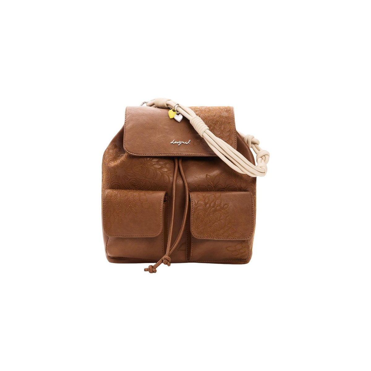 Zainetto piccolo con patta, con dettagli ricamati, tasche frontali e manico rimovibile con charms.