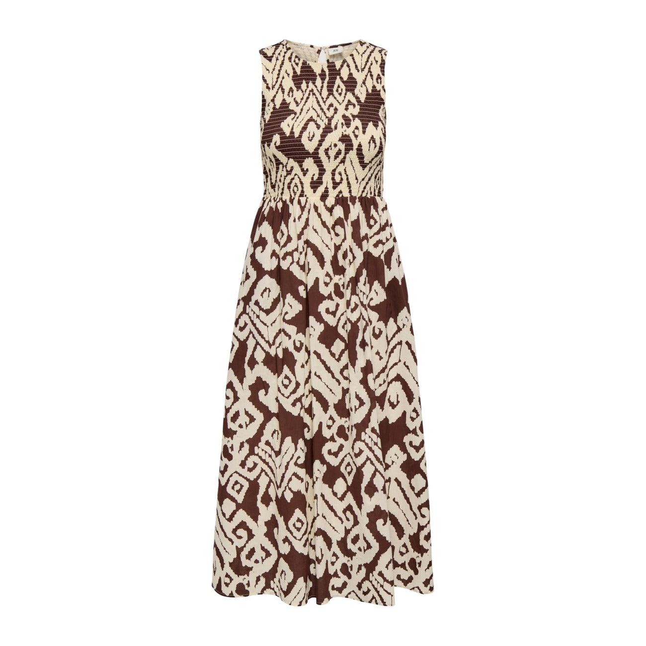 Vestito Midi JDY Diego; Geometrico, 100% Cotone. Corpetto smock elasticizzato, fantasia geometrica, senza maniche. Gonna a balze vaporosa, stile elegante e leggero. Vista stesa