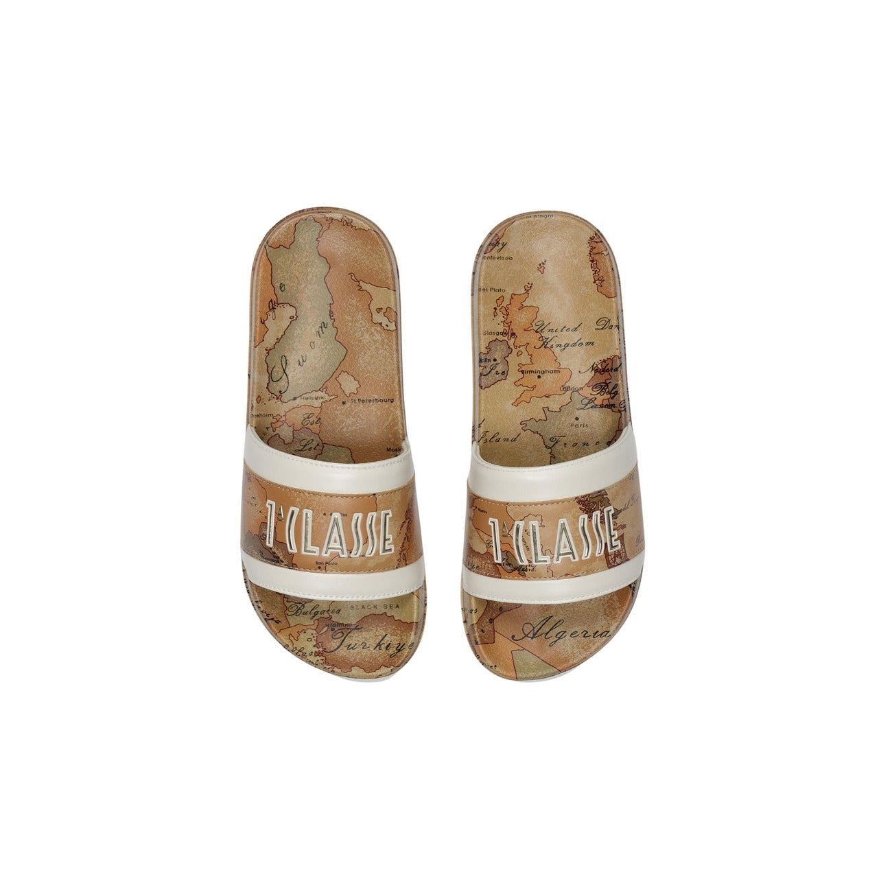 Ciabatte Geo Classic Alviero Martini Child; Beige. 100% Poliuretano leggero, fascia ampia con logo in rilievo, tacco 2 cm. L'accessorio iconico e impermeabile per le tue vacanze. Vista dall’alto