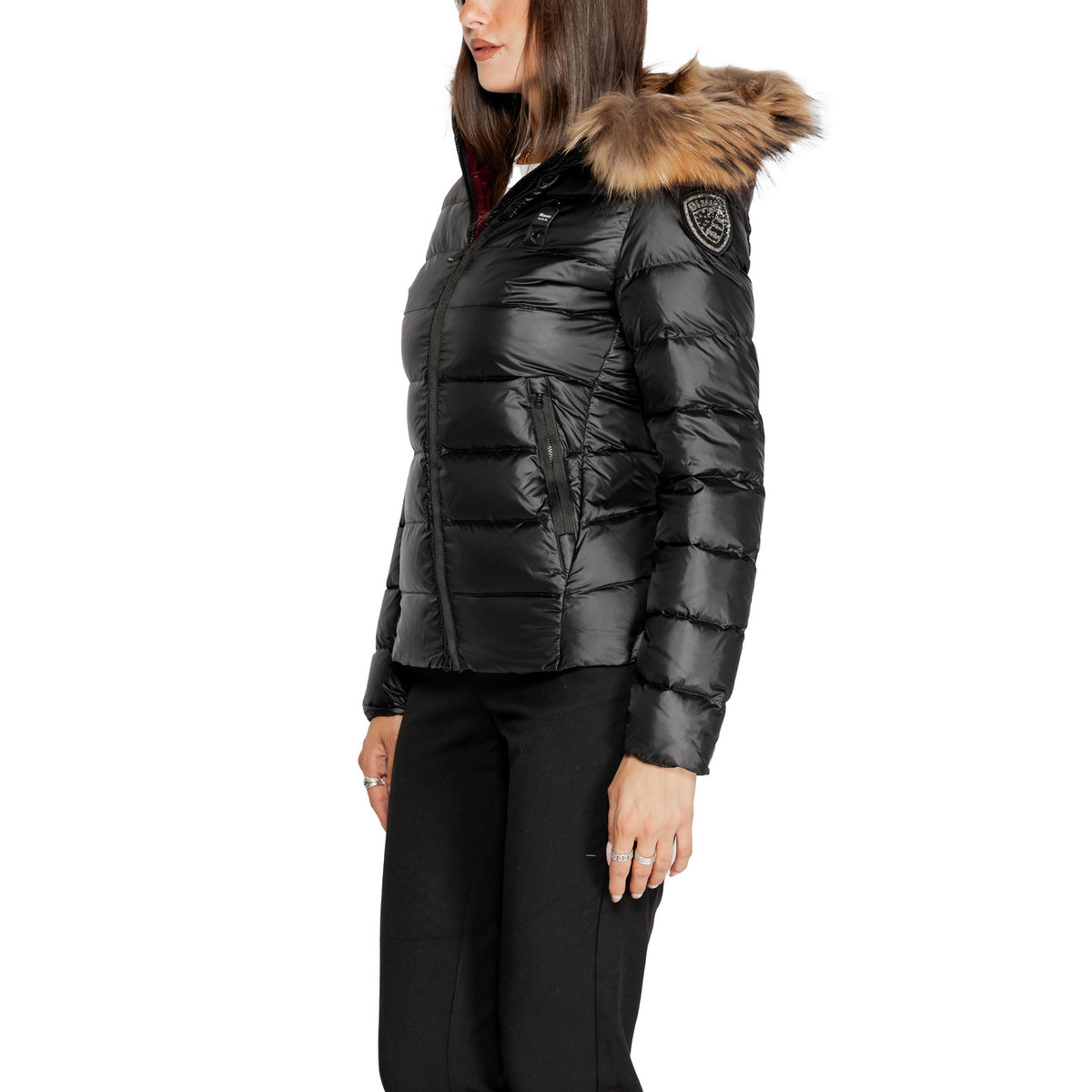 Blauer Giubbotto Piumino nero a righe con pelo ARCADIA Donna vista frontale Laterale con stemma