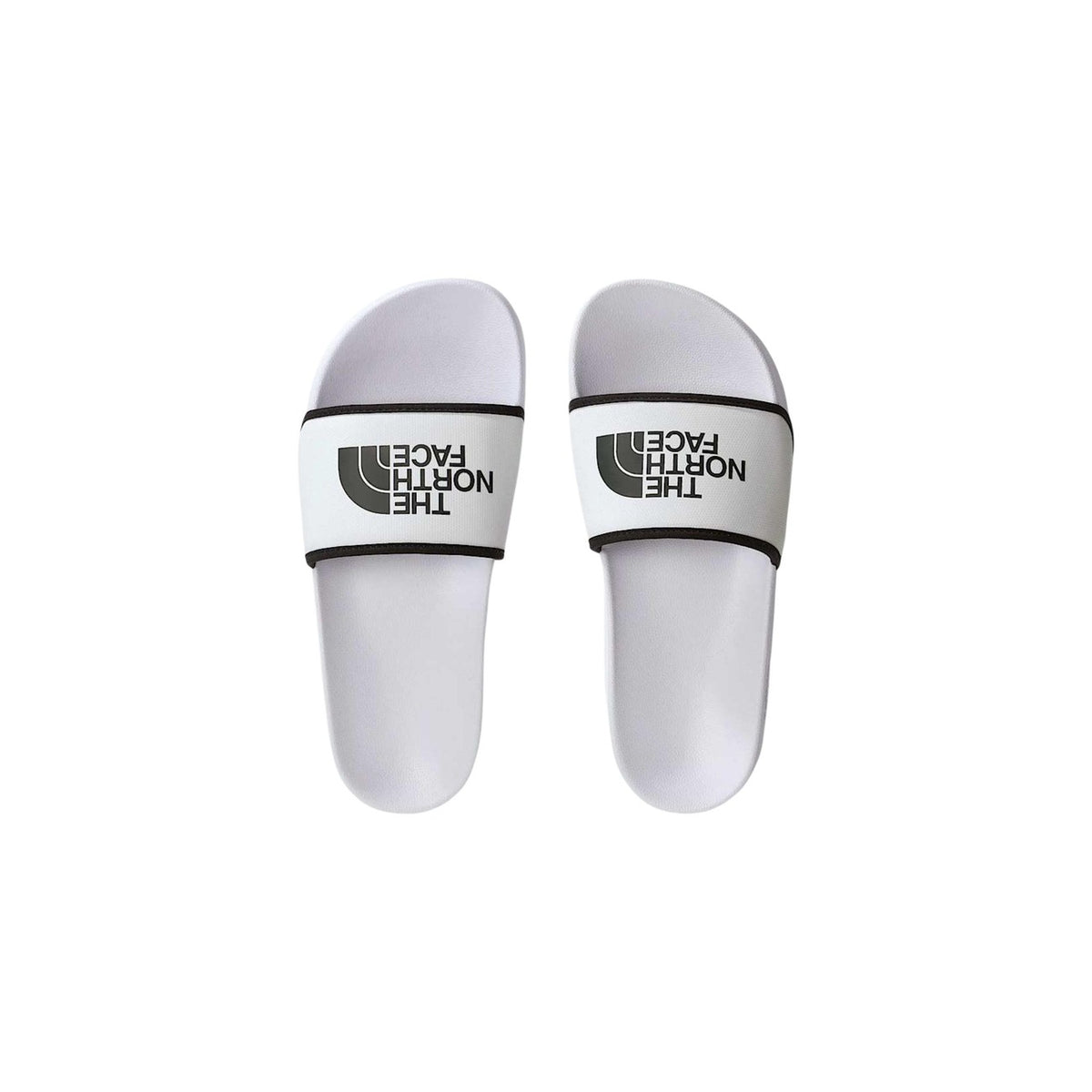 The North Face Base Camp III; TPU riciclato, schiuma EVA leggera. Cinturino in rete traspirante, suola testurizzata, peso piuma (248 g al paio). Ciabatte lifestyle resistenti e ultra-comode. Colore bianco vista dall’alto