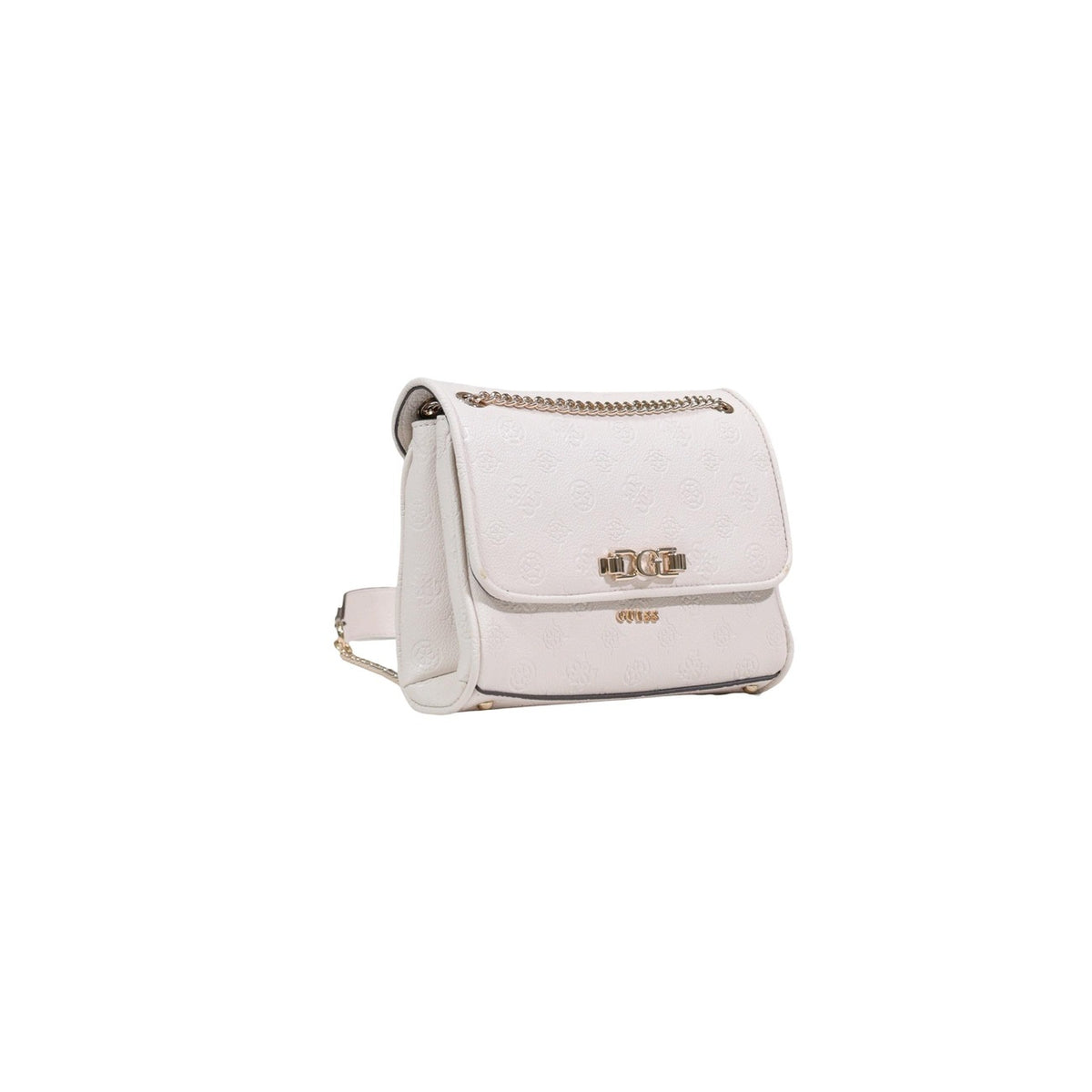 Borsa avorio Guess Anise Convertible con flap e logo in rilievo, tracolla a catena regolabile e chiusura a incastro, ideale per outfit eleganti. Figura frontale Laterale