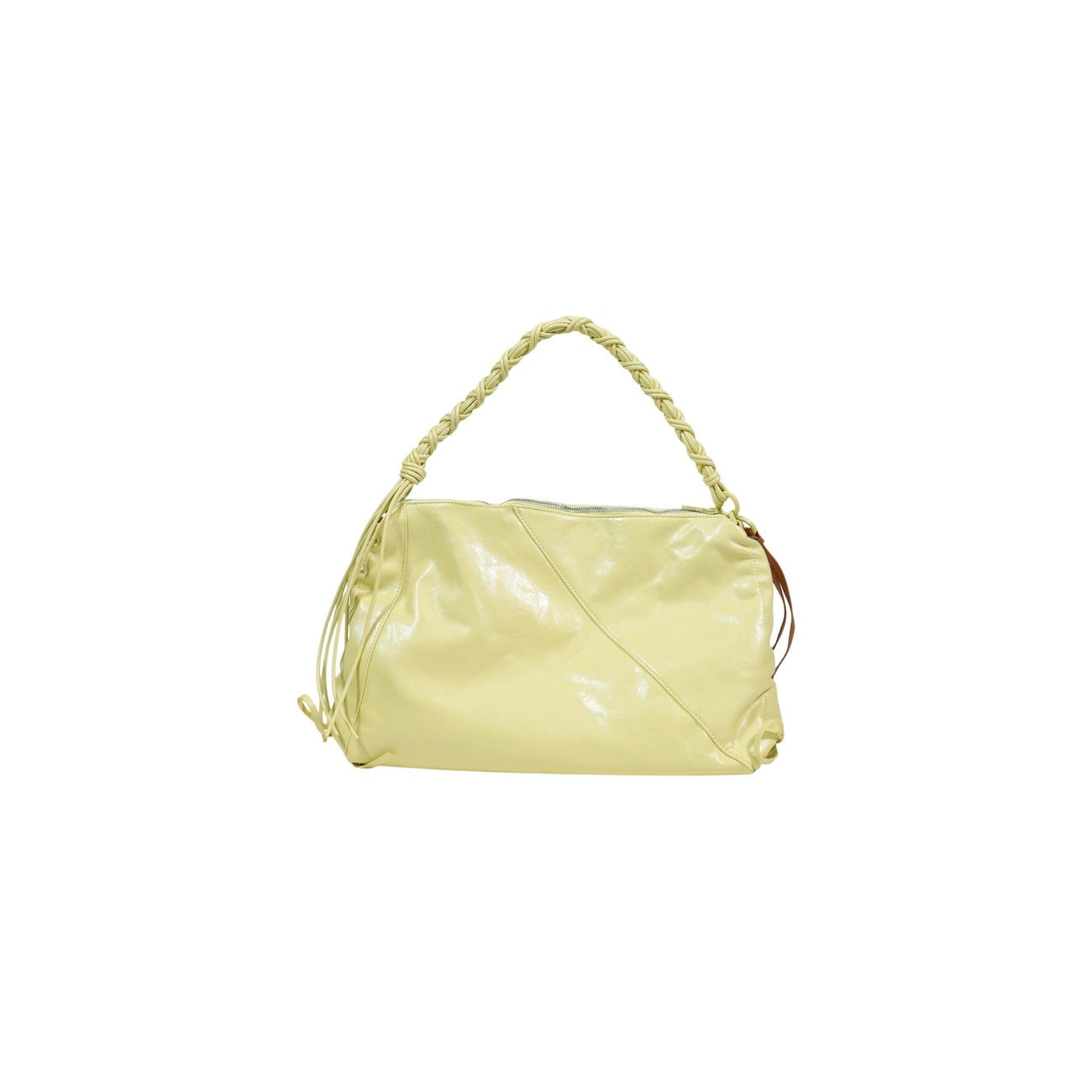 Borsa media a tinta unita con arricciature laterali, lacci effetto pelle e tracolle intercambiabili.
Vista posteriore