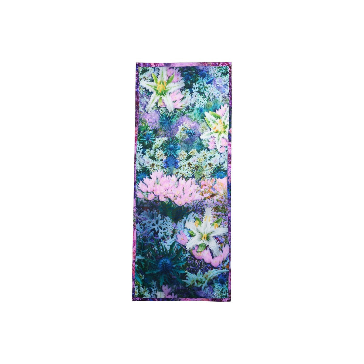 Foulard di forma rettangolare, in tessuto leggero e con stampa floreale ispirata a un giardino.