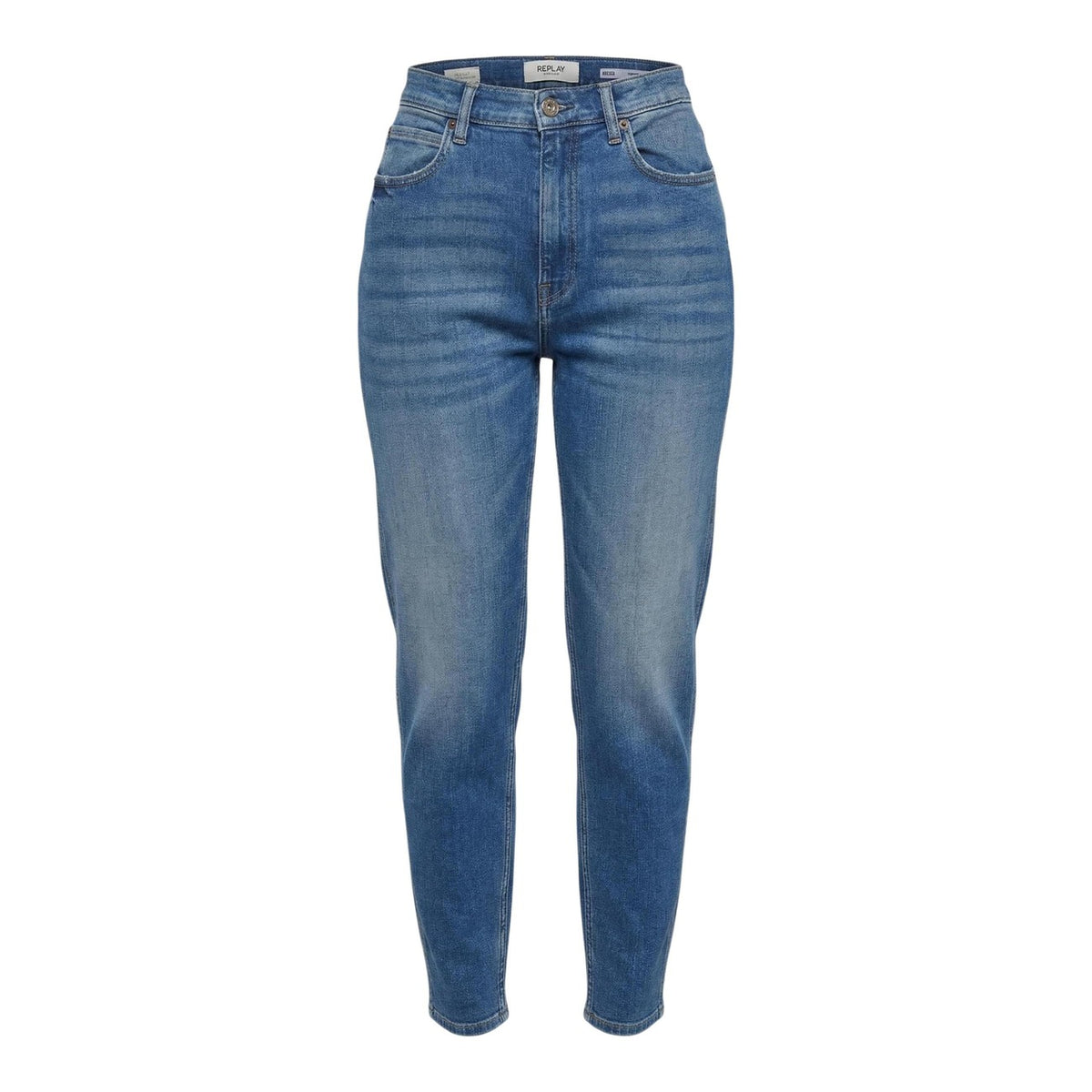 Jeans Replay WA471; taglio Balloon Slouchy, 80% cotone, 16% Lyocell. Vita alta, gamba stondata, tessuto elasticizzato e fluido. Design 5 tasche, fit rilassato e ultra-confortevole. Vista frontale Stesa