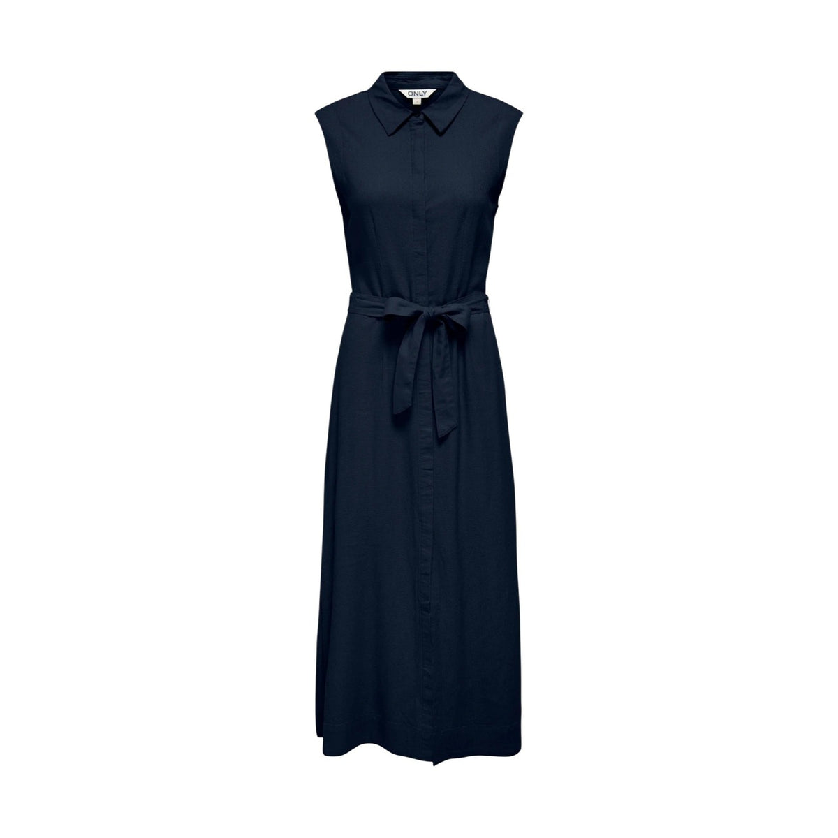 Vestito Chemisier ONLGOA; misto lino/viscosa, senza maniche, cintura inclusa. L'abito midi versatile per uno stile naturale e impeccabile. Colore blu scuro Vista frontale stesa