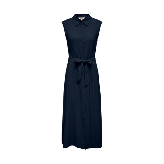 Vestito Chemisier ONLGOA; misto lino/viscosa, senza maniche, cintura inclusa. L'abito midi versatile per uno stile naturale e impeccabile. Colore blu scuro Vista frontale stesa