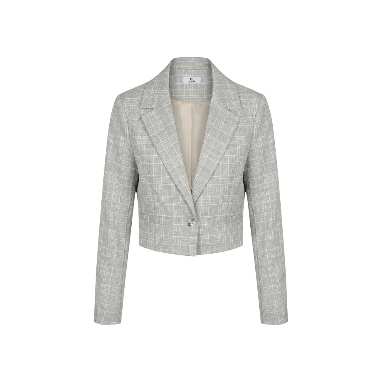 Blazer Cropped I AM; 61% Poliestere, 36% Viscosa, 3% Elastan. Fantasia Principe di Galles Grigio, taglio corto, bottone singolo. Giacca donna moderna, leggera e strutturata, Made in Italy Vista stesa