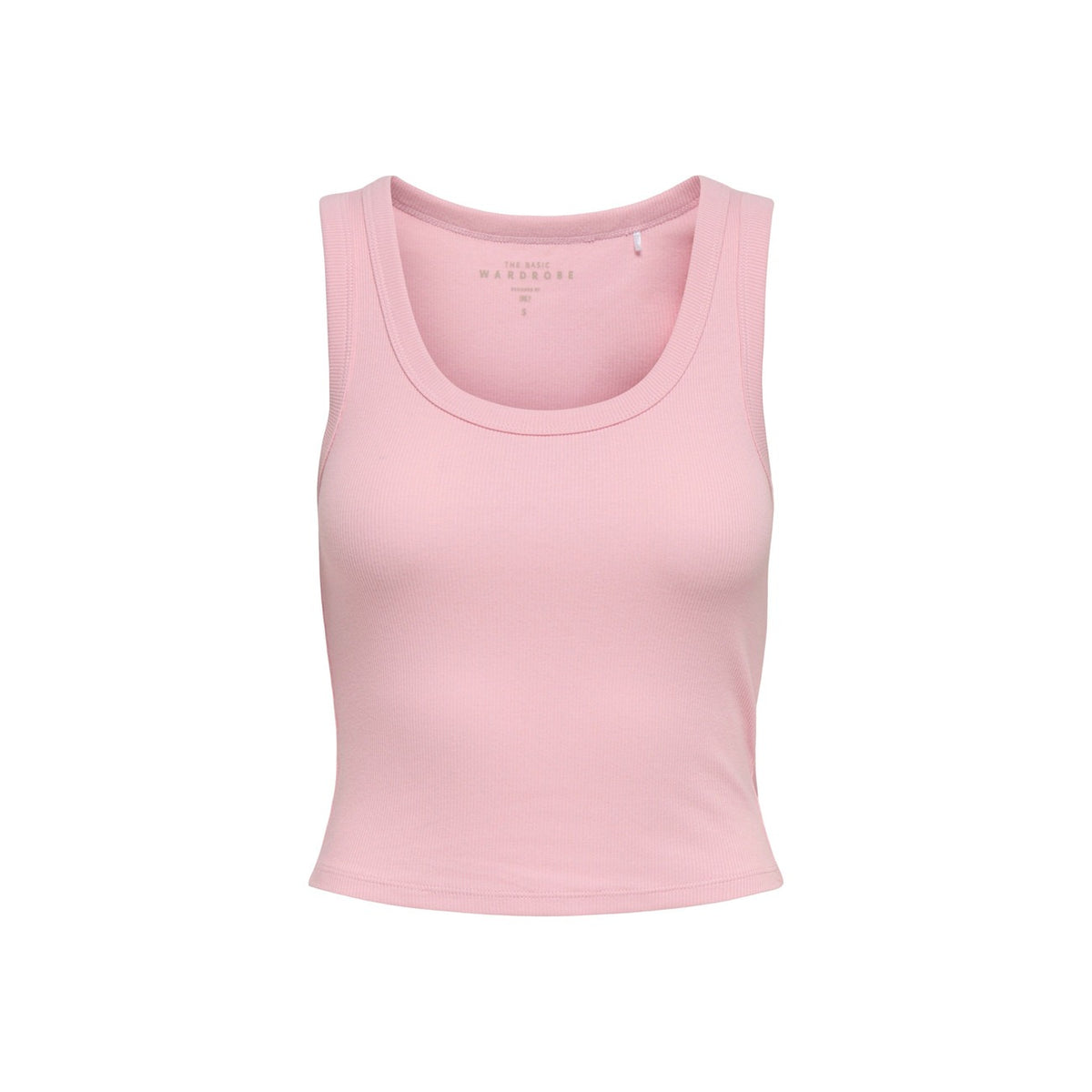 Canottiera rosa cropped a costine con scollo a U, modello tight fit senza maniche, stile basic intramontabile.