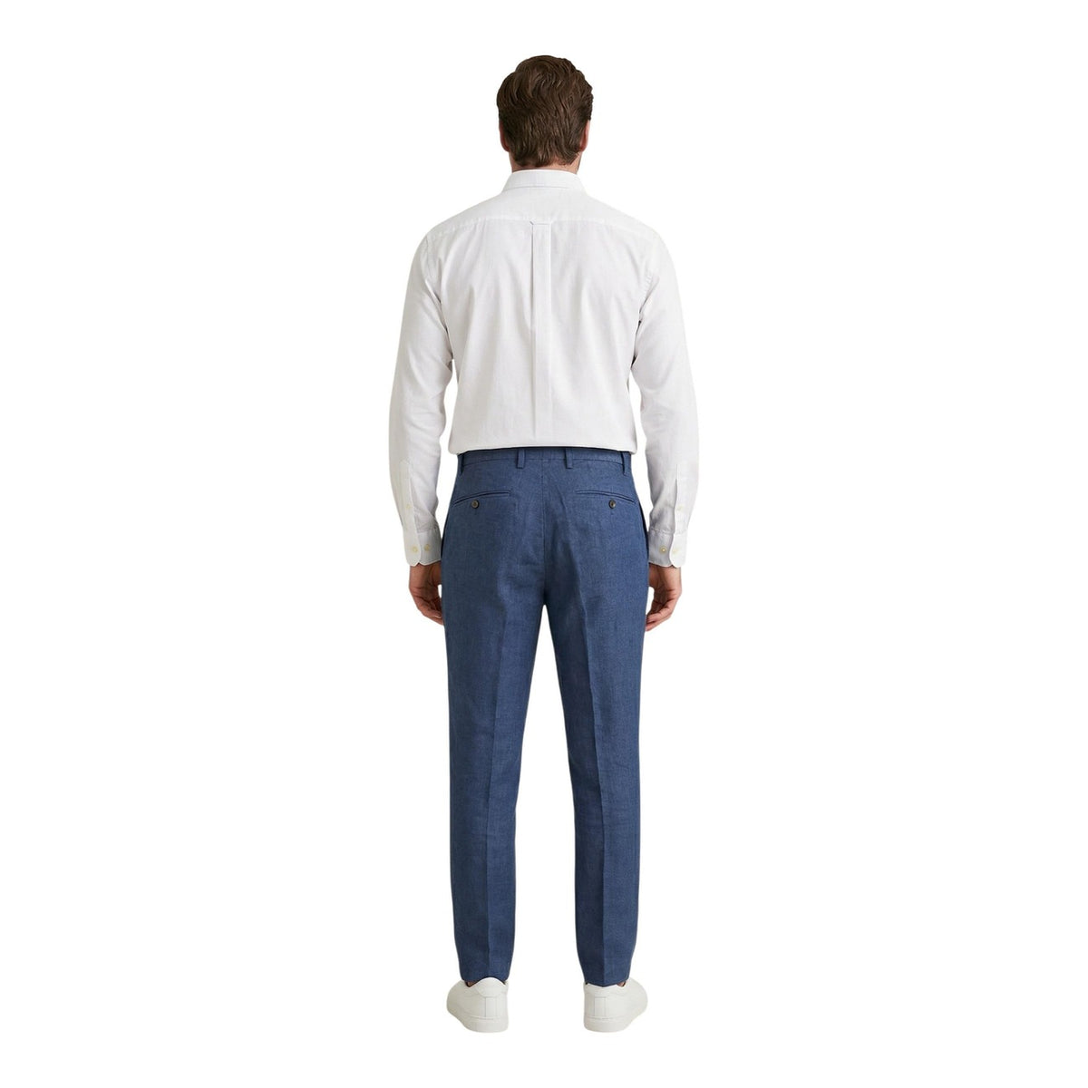 Pantaloni Borghese PSE579GR; 100% lino, Regular Comfort Fit. Chiusura con bottone, tasche laterali, tessuto ultra-traspirante. Pantalone estivo elegante e leggero, ideale per look business e casual. Colore blu vista posteriore