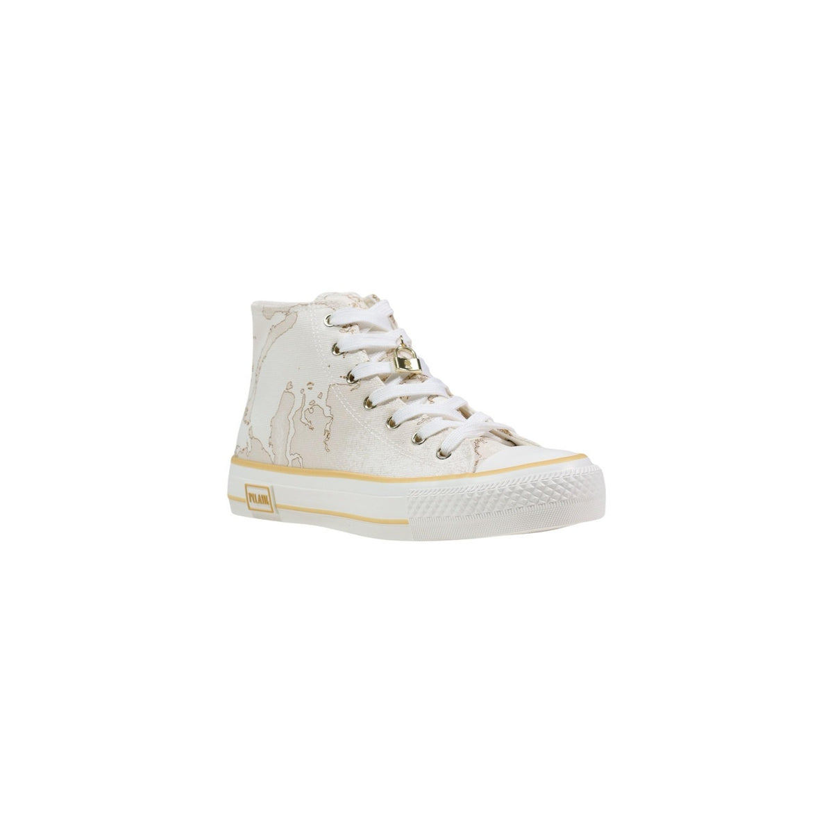 Sneakers alte Alviero Martini White; stampa iconica, suola in gomma naturale, chiusura con lacci. L'eleganza sportiva del brand 1A Classe. Vista frontale