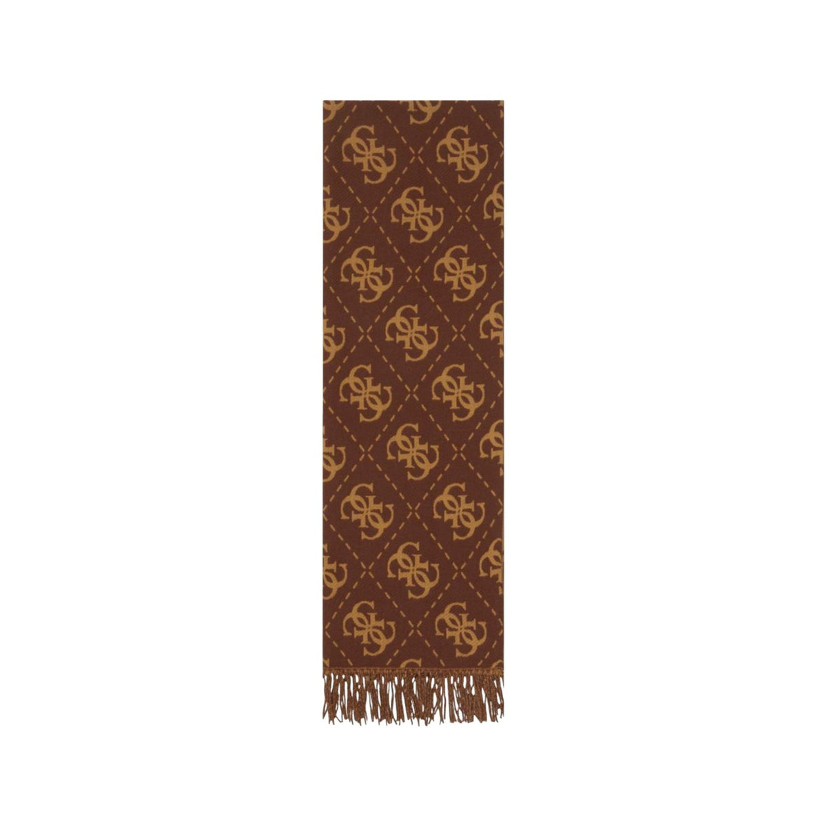 Sciarpa Guess donna logo all over AW5217 VIS03. Stola invernale bicolore in maglia morbida con loghi Guess, estremità con frange e misure 94x100 cm, collezione autunno inverno. Marrone