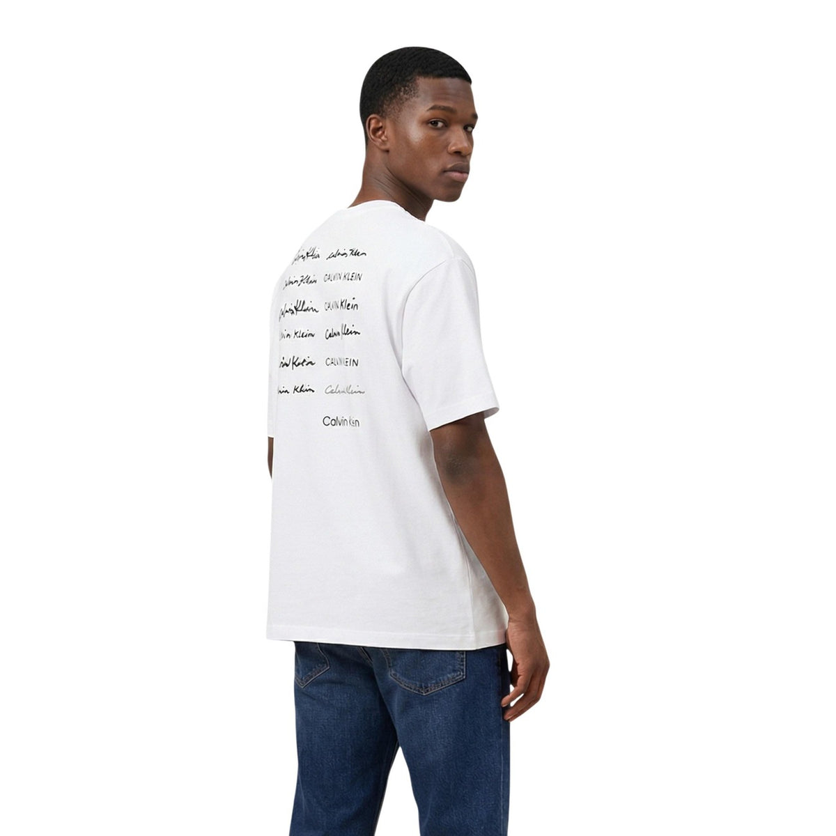 T-shirt CK Jeans Heavy Cotton; taglio rilassato, 100% cotone pesante. Ricamo logo fronte/retro, girocollo, manica corta. Stile streetwear autentico. Colore bianco vista posteriore