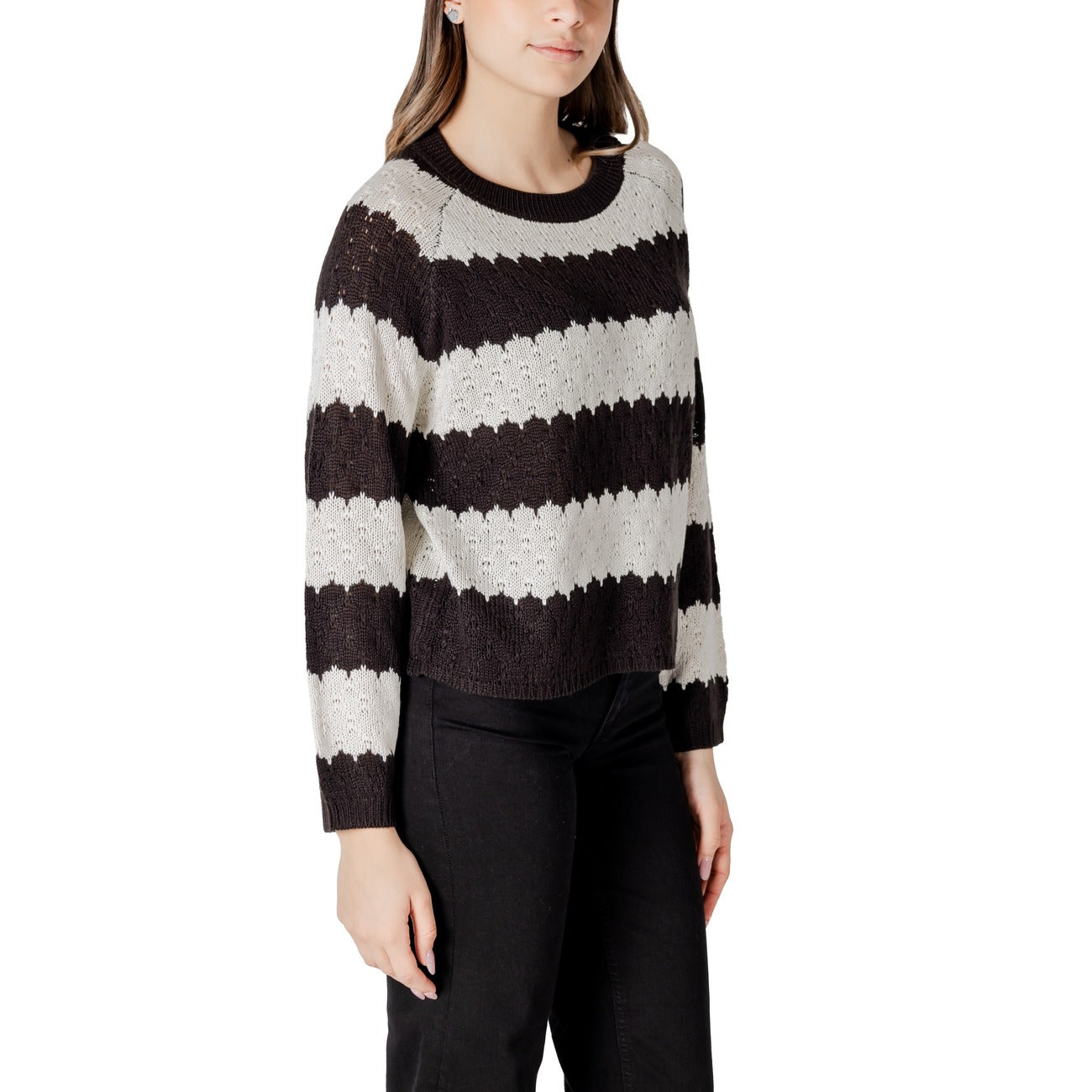 Jacqueline De Yong Maglia Donna Nera a Righe Maniche Lunghe Scollo Tondo - Maglia Acrilico