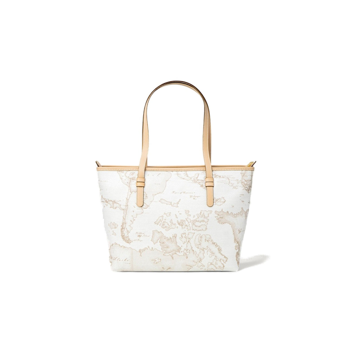 Borsa Shopper Grande Donna Alviero Martini Prima Classe; Bianco Geo White. 100% Pregiata pelle stampata, chiusura con zip e doppi manici a spalla. Struttura rigida e capiente (36x23,5 cm), stile Heritage di lusso. Posteriore