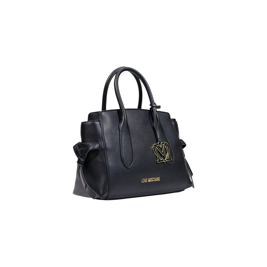 Borsa Love Moschino donna nera a mano modello JC4055PP. Bauletto nero grande con manici corti rigidi, fibbie laterali decorative e ciondolo charm oro con logo, stile elegante, moderno e casual chic per ufficio o giorno.