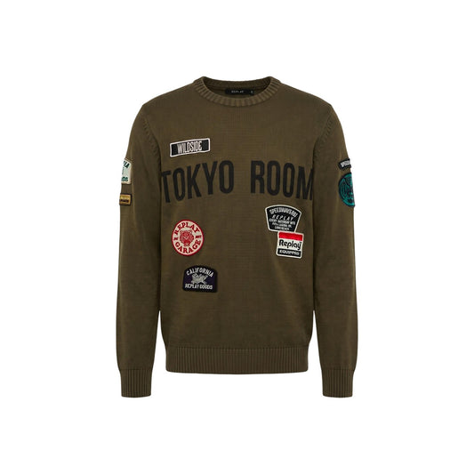 Maglia uomo Replay verde – Girocollo in cotone tinto in capo con patch UK00B2.000.72229G.