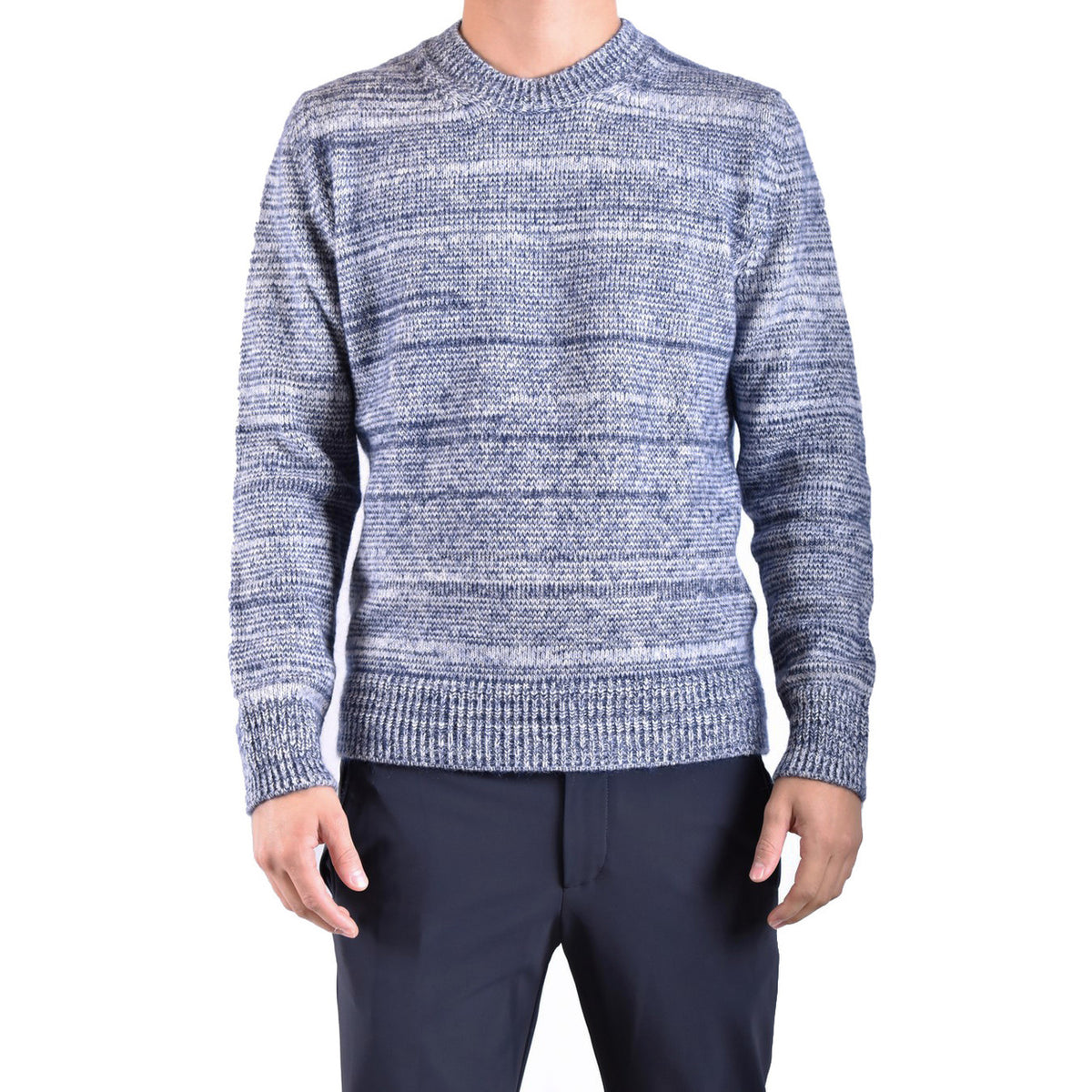 Maglione Dondup uomo in lana lavorata con effetto melange grigio/blu. Vista frontale Indossata da modello