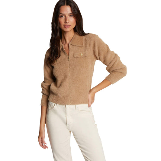 Cardigan beige donna Morgan De Toi 232-MDOMI. Maglioncino corto aperto con cerniera, collo a revers, maglia morbida soffice e taschino decorativo con bottone.
