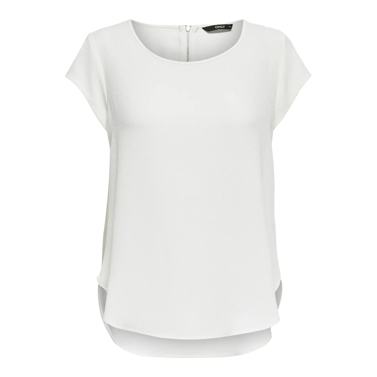 Blusa Only donna maniche corte modello 15142784. Top estivo casual regular fit con girocollo, fondo asimmetrico più lungo dietro e chiusura a zip, maglietta elegante e leggera in poliestere ed elastan per la primavera estate. Bianco