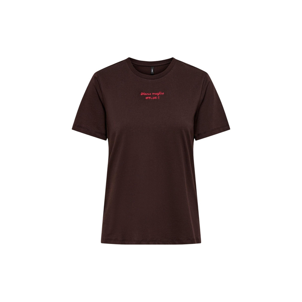 T-shirt Only donna marrone con scritta modello 15373449. Maglietta a maniche corte in cotone tinta unita marrone cioccolato con ricamo ironico non ho voglia lato cuore stile casual ed essenziale.