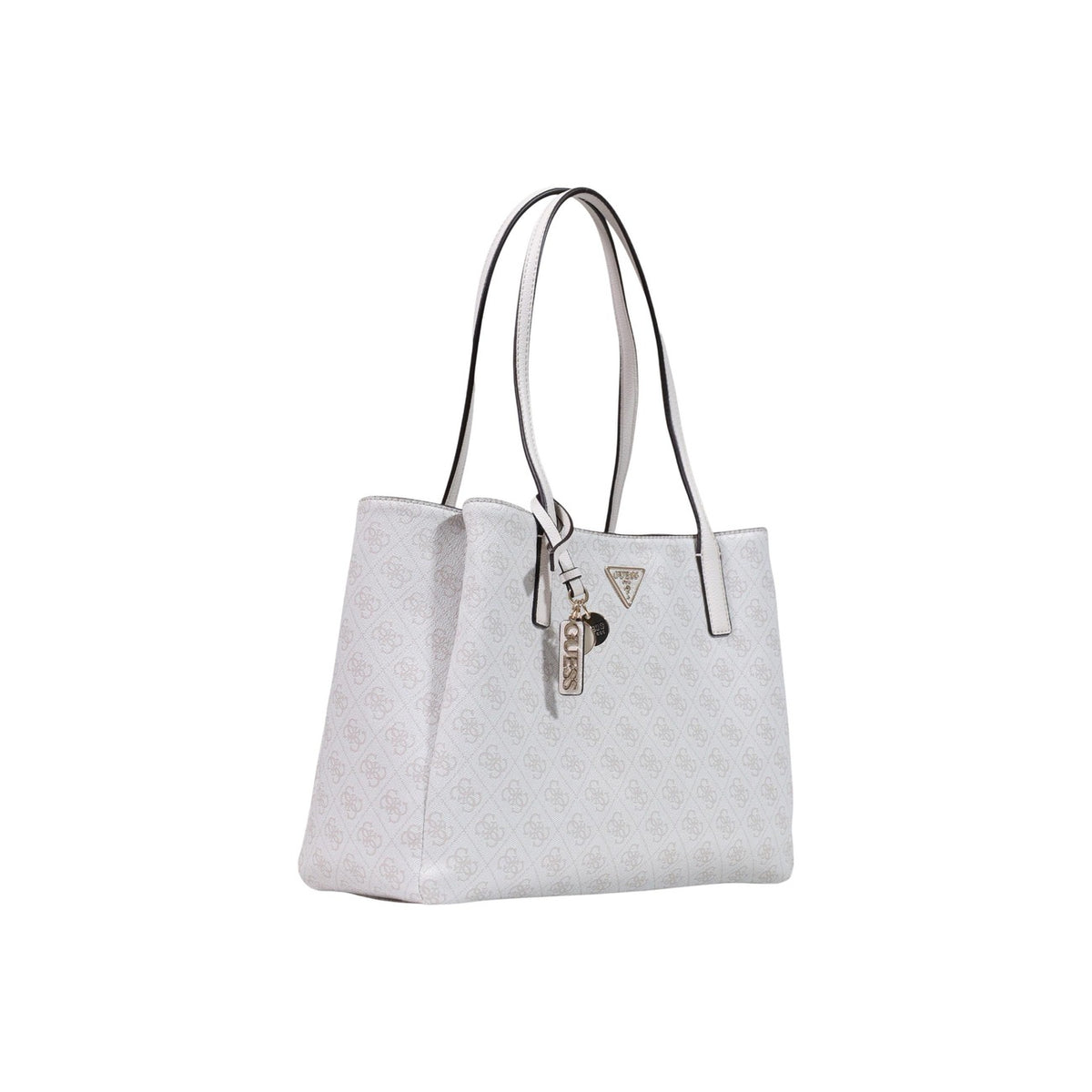 Borsa Shopper Grande Donna Bianca Guess Anadela; Struttura 100% poliuretano con motivo logo all-over e chiusura a zip. Triplo scomparto interno, manici lunghi a spalla e charm coordinato, stile elegante 4 stagioni. Frontale laterale
