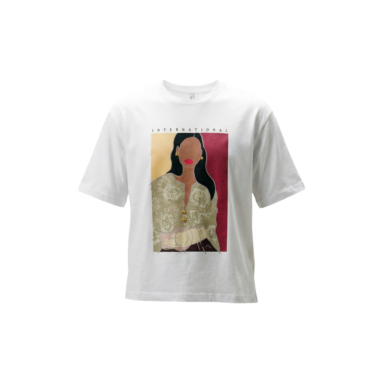 T-shirt Only Bianca con Stampa; 100% Cotone. Taglio rilassato, maniche corte, scollo tondo. Design grafico frontale, ideale per outfit casual e di tendenza 4 stagioni. Vista frontale Stesa