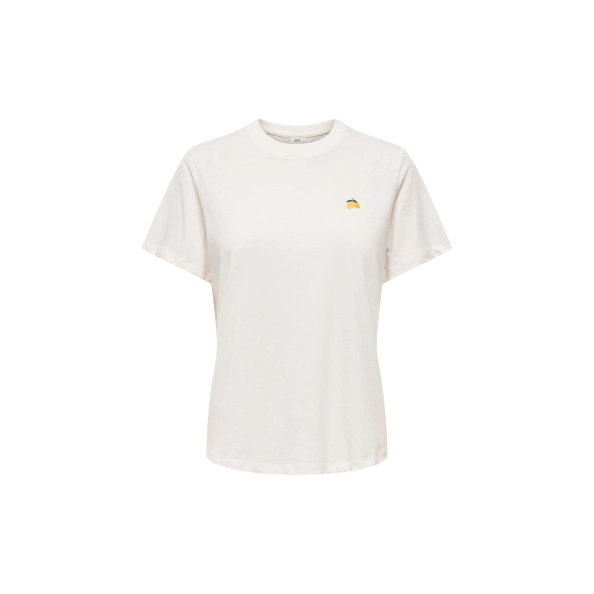 JDYPisa S/S Print Top; 100% cotone, ricamo cuore minimalista, colore bianco. La t-shirt basic essenziale con un tocco femminile. Vista frontale stesa