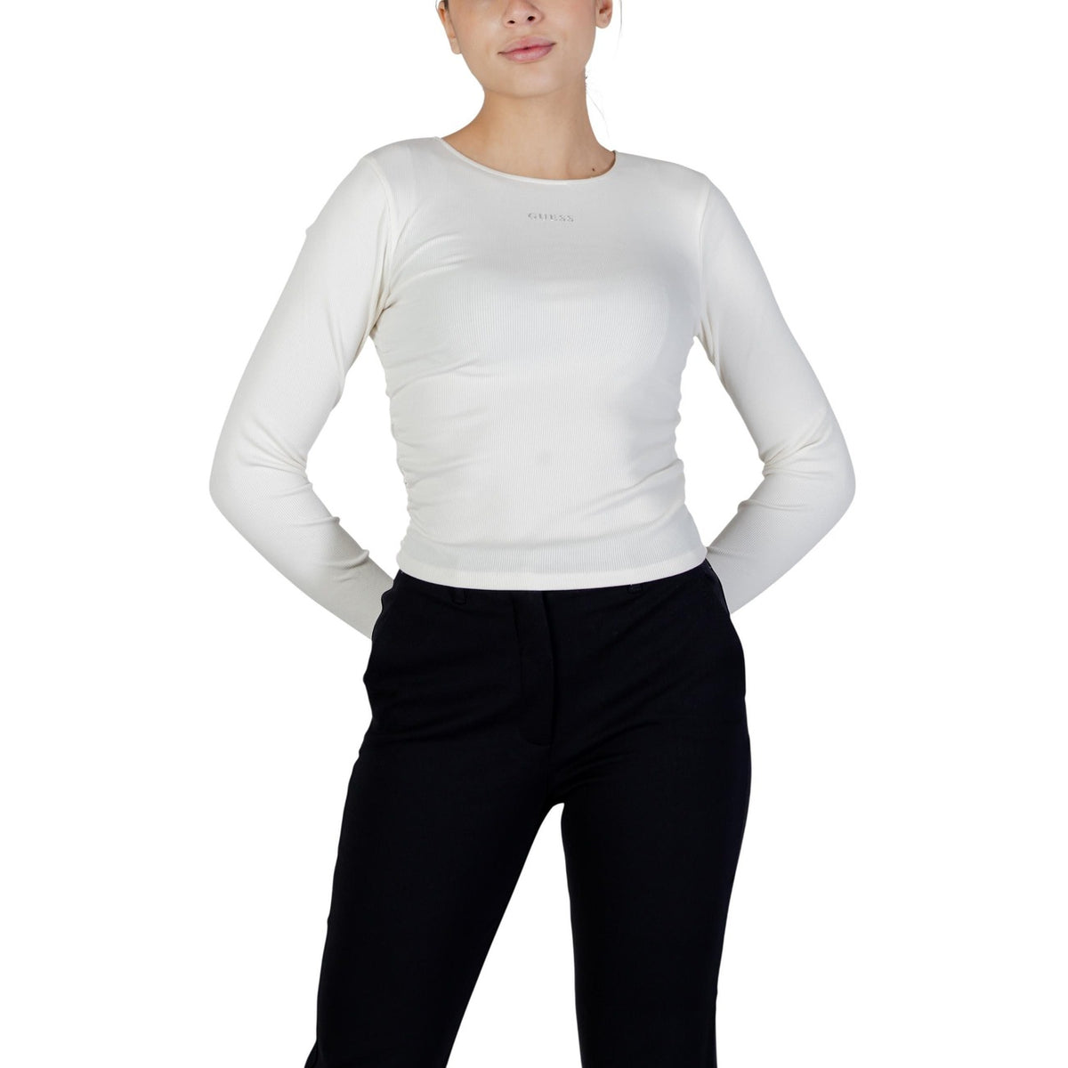 T-shirt Guess Active donna bianca manica lunga scollo tondo 89% modal 11% elastan - vista frontale