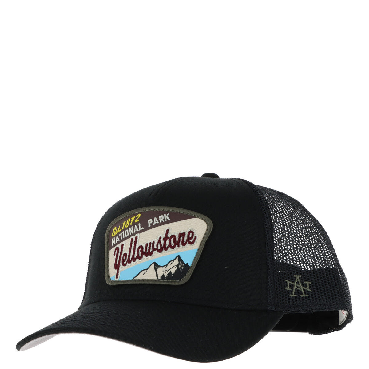 Cappellino American Needle Yellowstore SMU679A; nero, fantasia stampata, misto cotone e poliestere. Design urban, chiusura regolabile. Vista frontale