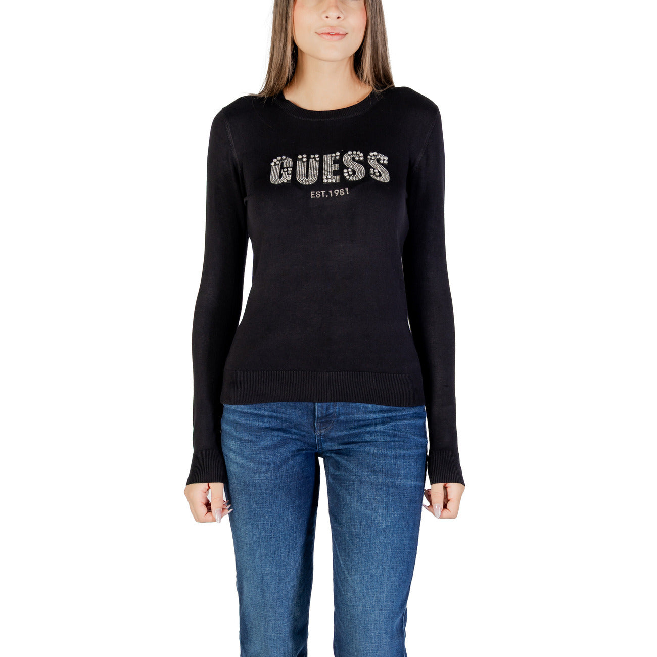 Guess Maglia Donna Blu con Stampa e Strass in 82% Viscosa 16% Poliammide 2% Elastan a Manica Lunga Scollo Tondo W5BR40 Z2NQ2