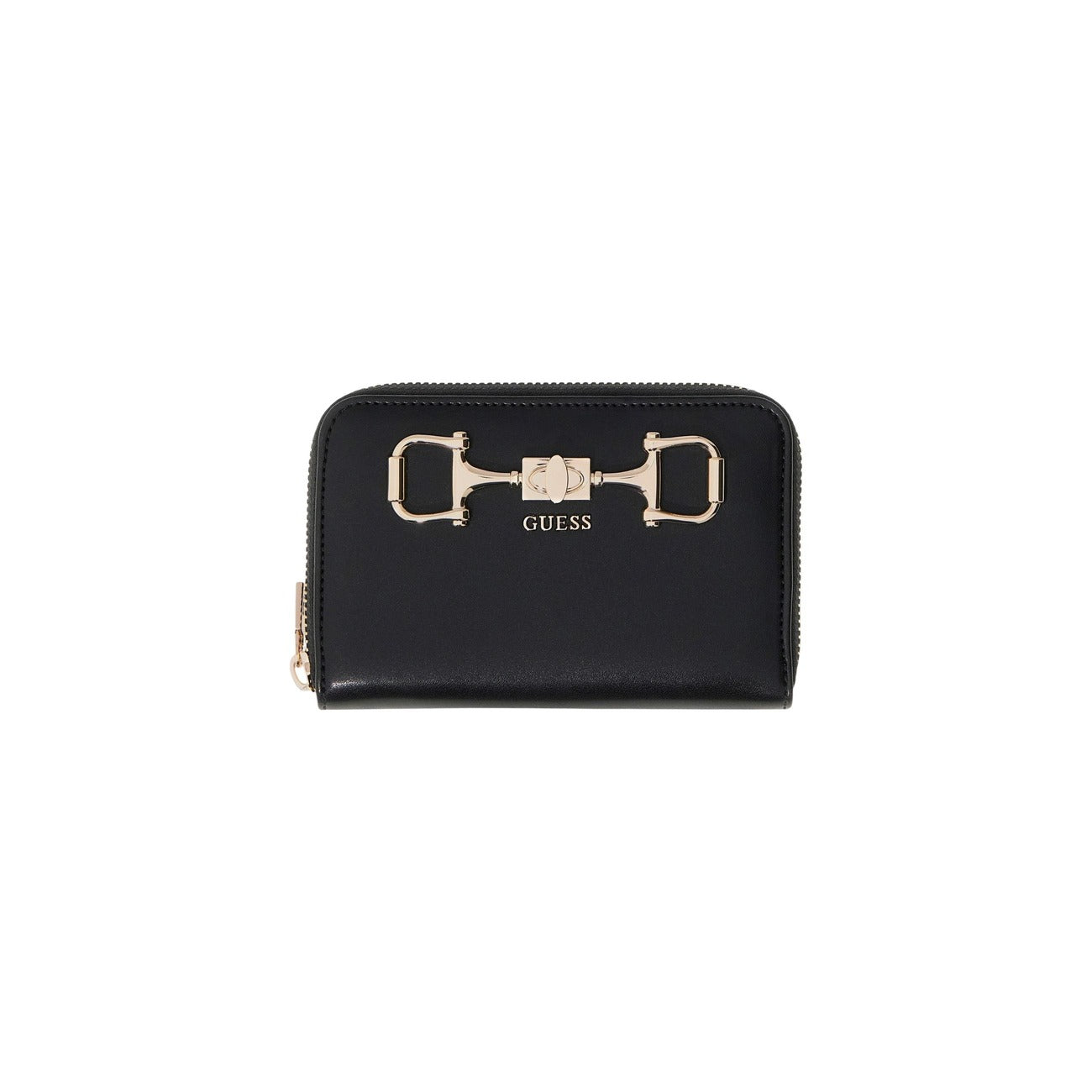 Guess Portafoglio piccolo nero con logo JANIE 14x9x3 cm Donna. Esterno in similpelle, chiusura con zip e finiture in oro. Vista frontale