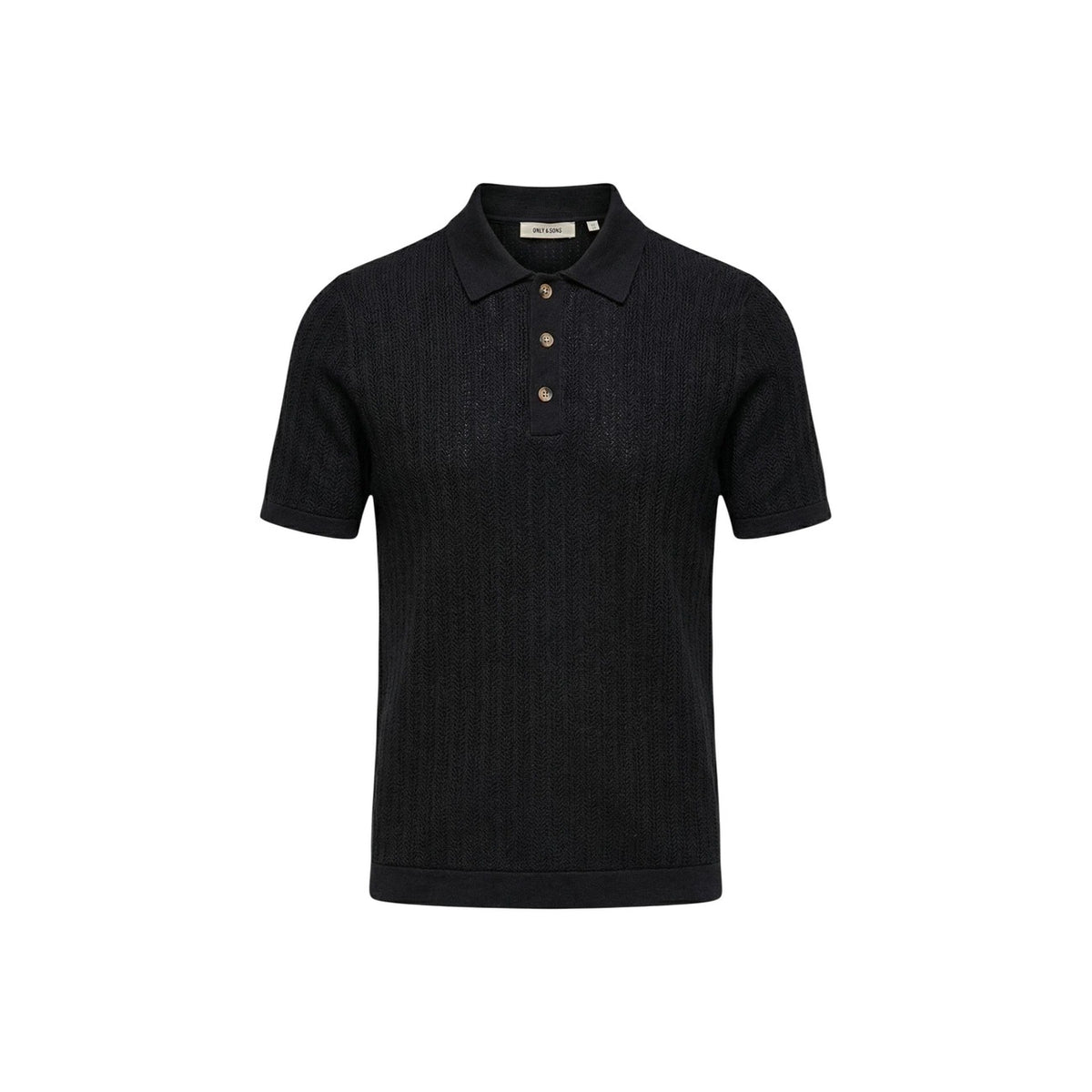 Polo nera Only & Sons Onsmoon Knit, 80% cotone e 20% nylon, texture in maglia fine e chiusura a tre bottoni; maglia polo leggera dalla vestibilità regular e stile ricercato. Vista frontale Stesa