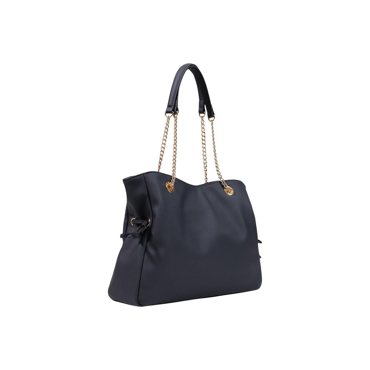 Borsa Love Moschino donna nera shopping modello JC4186PP1. Borsa grande a spalla nera liscia effetto pelle con maxi logo oro, catene e fiocchi laterali regolabili stile casual chic, romantico e daily glamour.