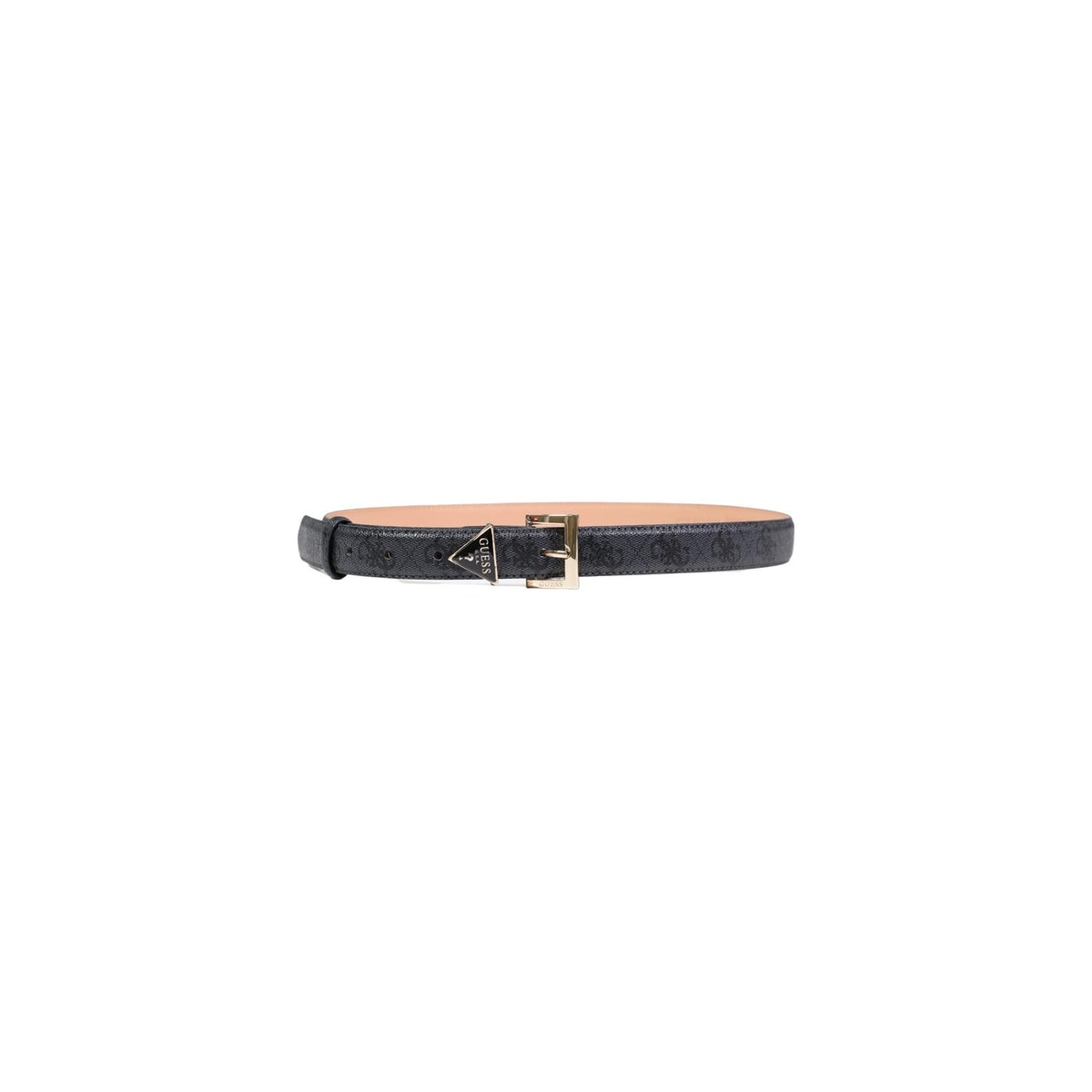 Guess Noelle Belt; stampa 4G logo, metalleria oro pallido, 100% poliestere. Cintura regolabile logata con dettaglio triangolo frontale. Colore nero/grigio.