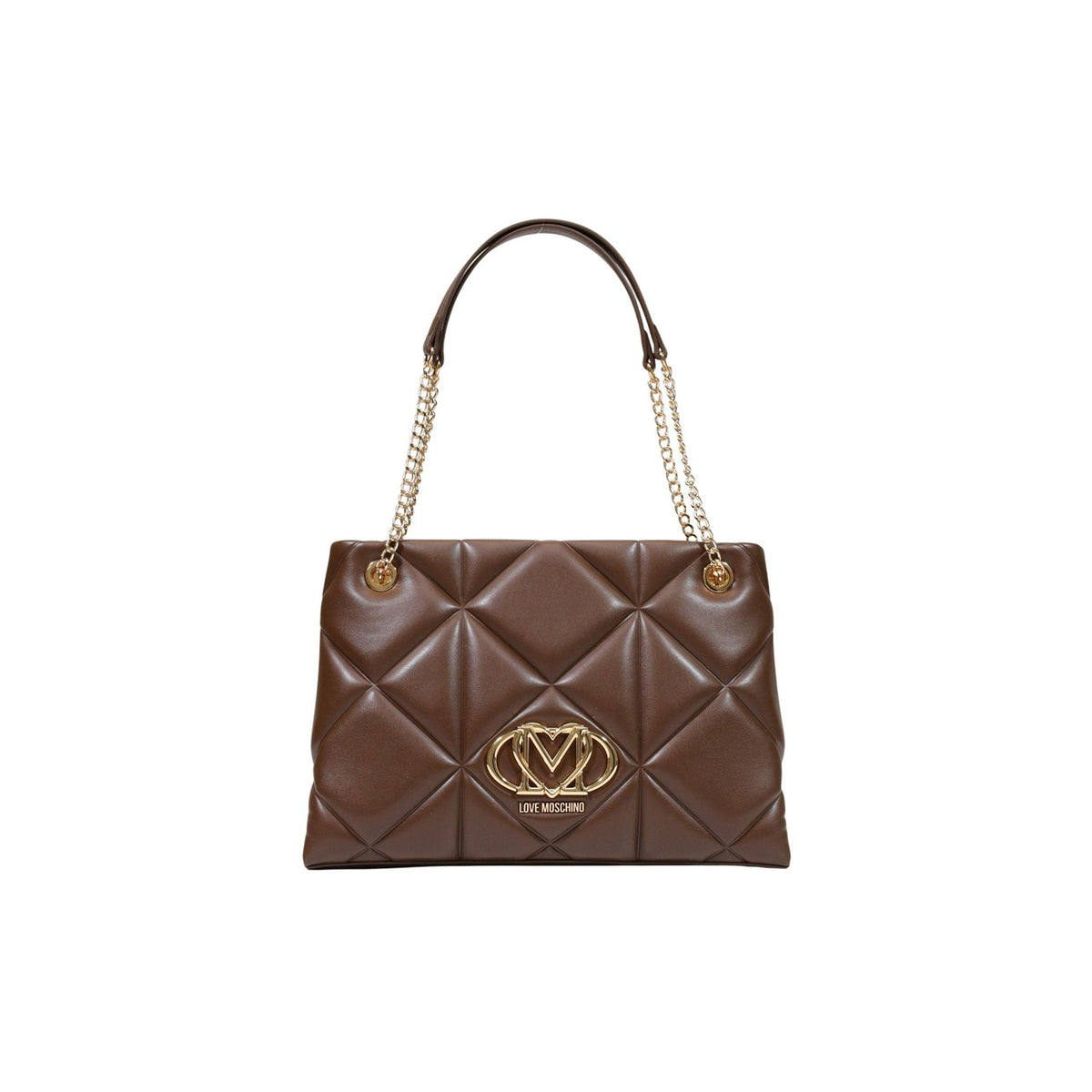 Borsa Love Moschino donna marrone a spalla modello JC4040PP1. Borsa grande trapuntata effetto pelle marrone cioccolato con manici a catena oro e cerniera stile casual chic, elegante e da giorno.