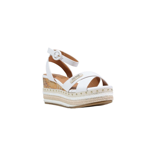 Sandali Zeppa Alviero Martini Prima Classe; 100% Poliuretano. Dettagli mappa Geo Classic, borchie dorate, chiusura con fibbia. Sandalo donna alto, confortevole e dal design iconico Vista frontale