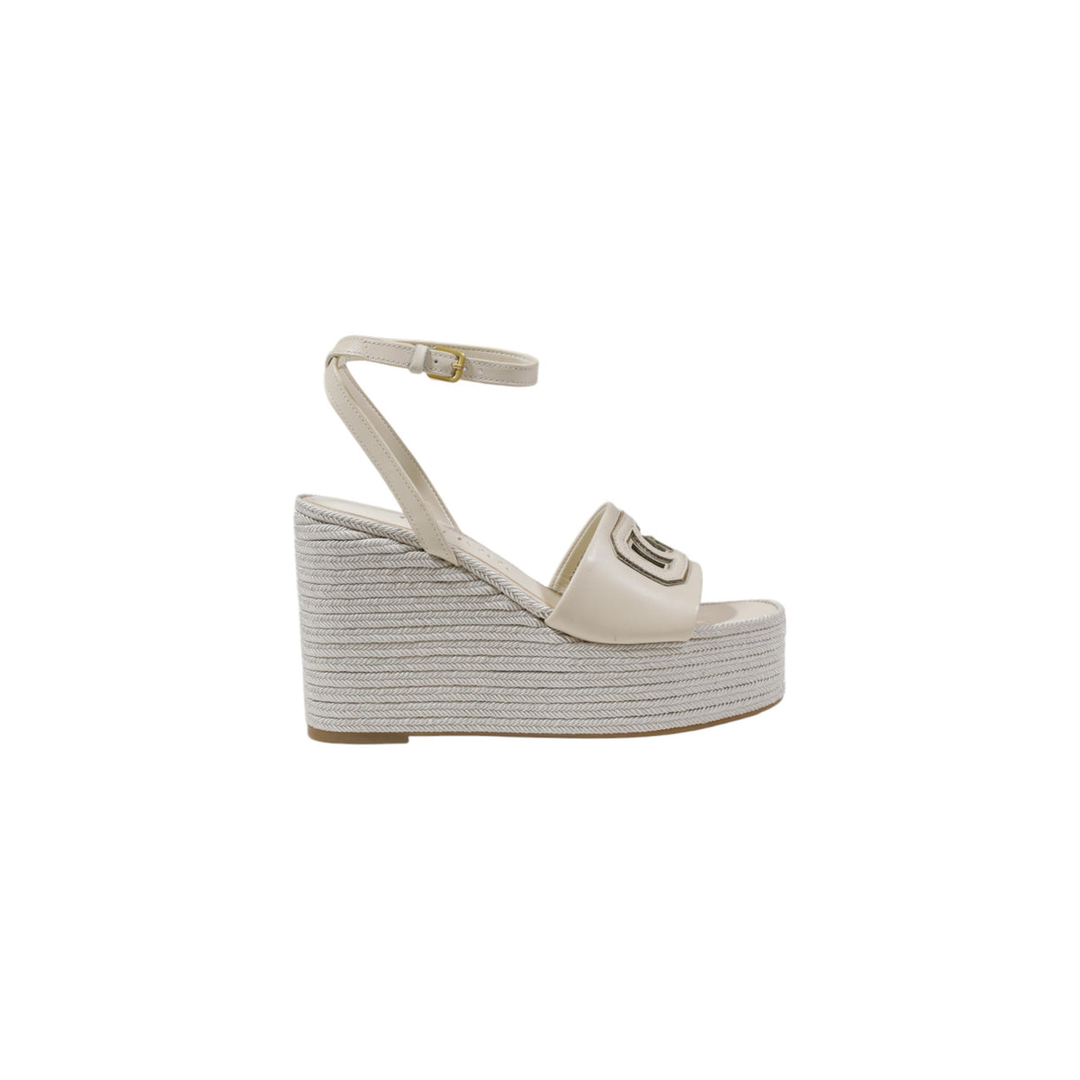 sandalo con zeppa Guess Tanvee in ecopelle color crema con cinturino alla caviglia Vista laterale