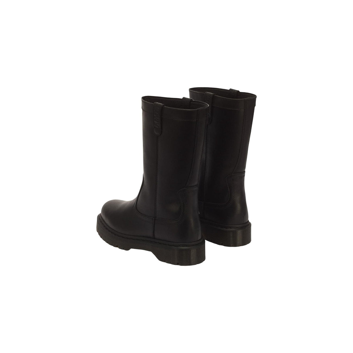 Stivali neri donna Dr Martens Anistone Pull On Wanama 43165001. Stivaletti biker calzata rapida in pelle nera satinata con fibbie decorative, tacco largo 4 cm, tiranti logati e cucitura gialla.