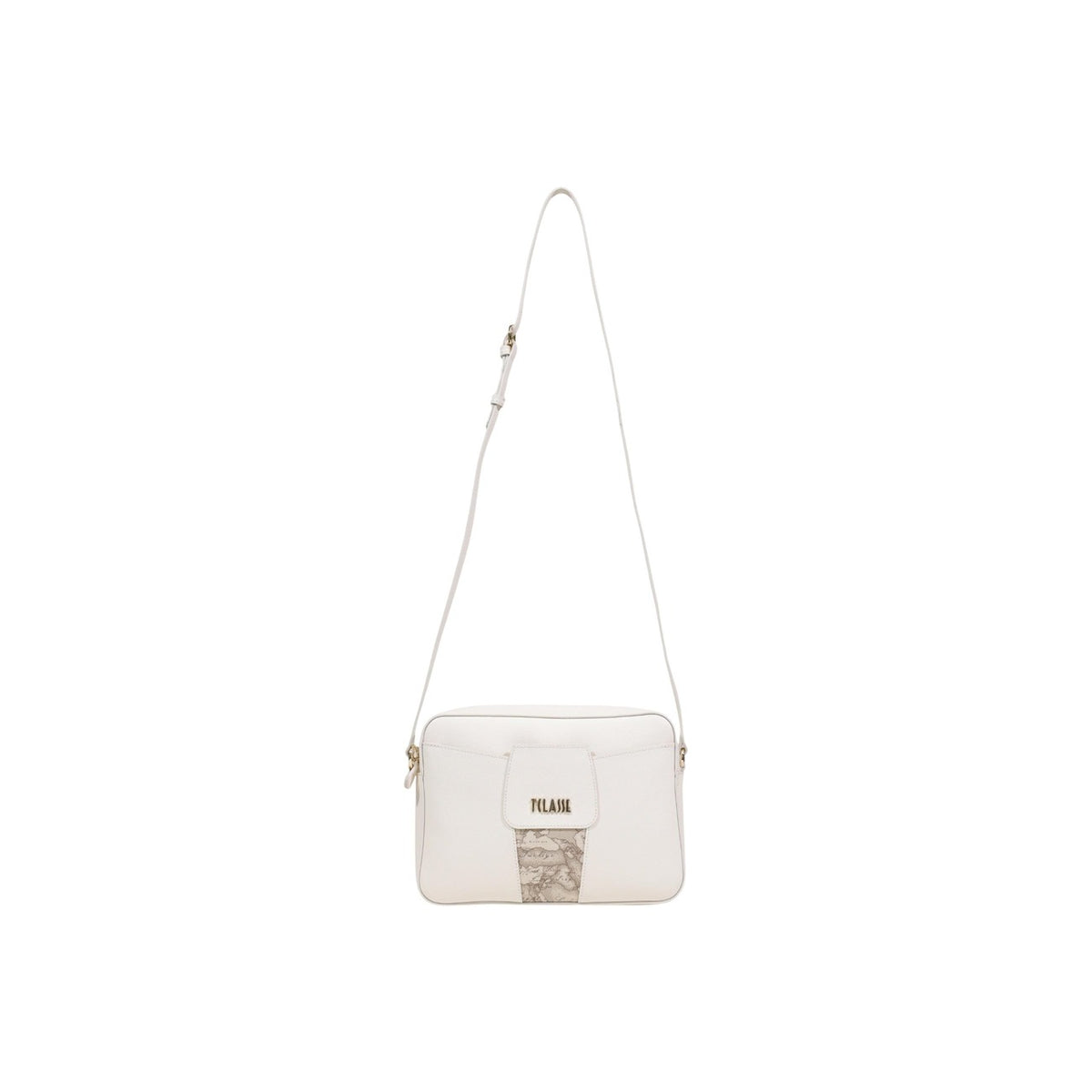 Borsa a tracolla Alviero Martini LD32 con inserto Geo e logo metallico, forma rettangolare piccola in materiale tecnico resistente con interni foderati e organizzati. Vista con tracolla